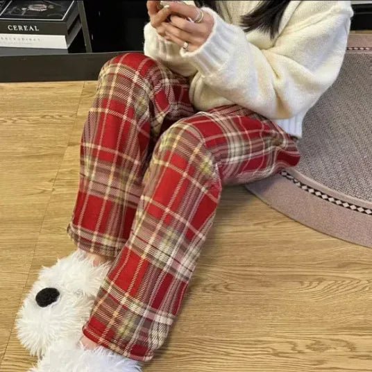 2025 Autumn Winter New Women's High - Waist Korean Style Plaid Pants Fleece Lined Thickened Loose Wide - Leg Casual Trousers - Zeprah