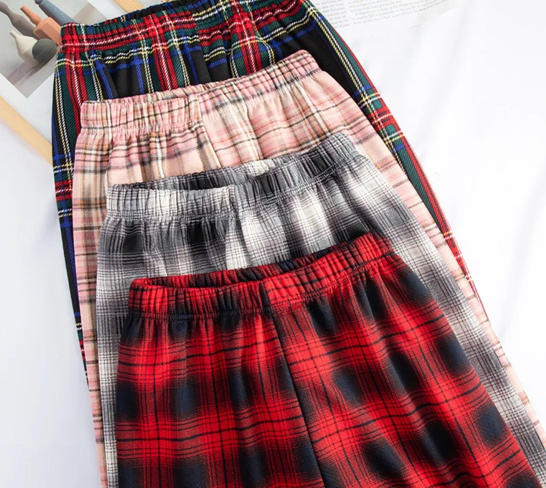 2025 Autumn Winter New Women's High - Waist Korean Style Plaid Pants Fleece Lined Thickened Loose Wide - Leg Casual Trousers - Zeprah