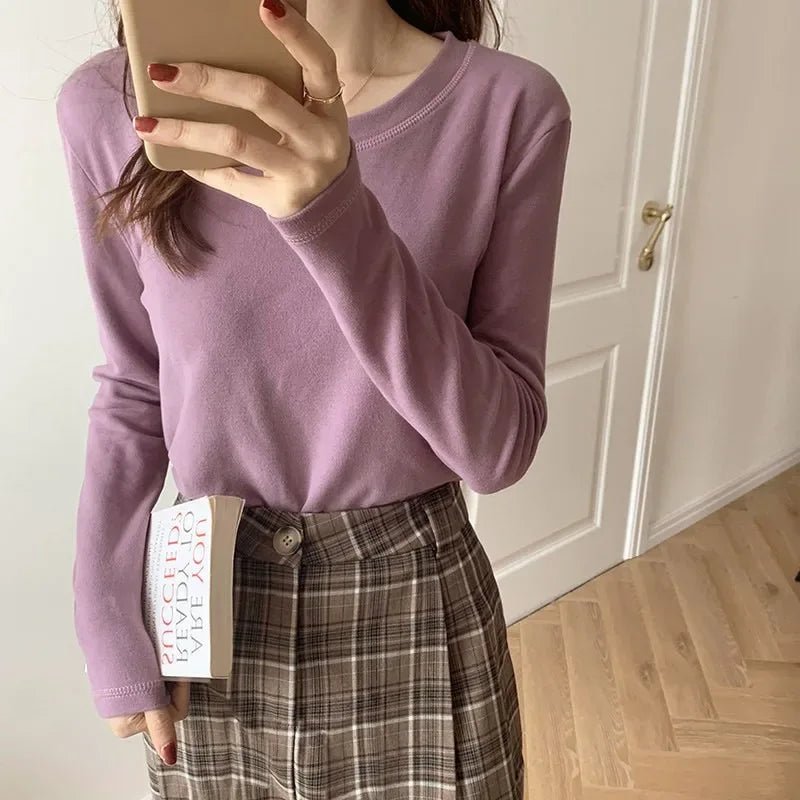 2025 Autumn Winter Women's Light Fleece Round Neck Long Sleeve T-Shirt Base Layer Pullover Fashionable Inner Wear - Zeprah