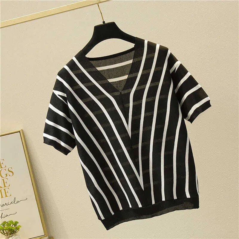 2025 Spring New Women's V - Neck Short - Sleeve Knit T-Shirt Korean - Style Loose Fit with Stripes Thin Trendy Outer Wear Top - Zeprah