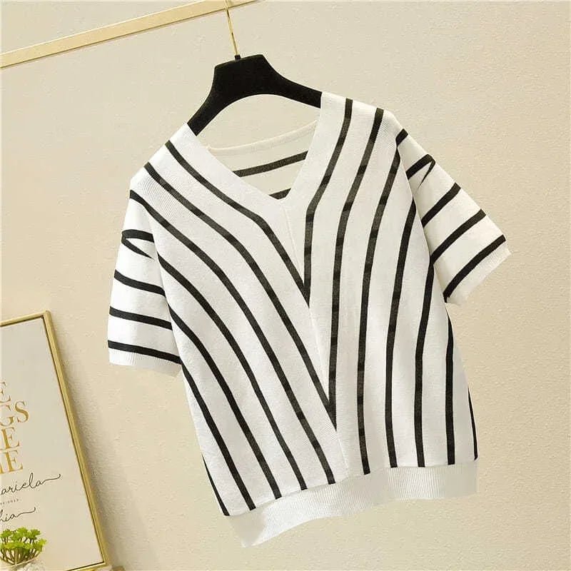 2025 Spring New Women's V - Neck Short - Sleeve Knit T-Shirt Korean - Style Loose Fit with Stripes Thin Trendy Outer Wear Top - Zeprah