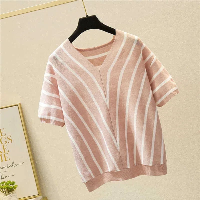 2025 Spring New Women's V - Neck Short - Sleeve Knit T-Shirt Korean - Style Loose Fit with Stripes Thin Trendy Outer Wear Top - Zeprah