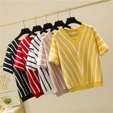 2025 Spring New Women's V - Neck Short - Sleeve Knit T-Shirt Korean - Style Loose Fit with Stripes Thin Trendy Outer Wear Top - Zeprah