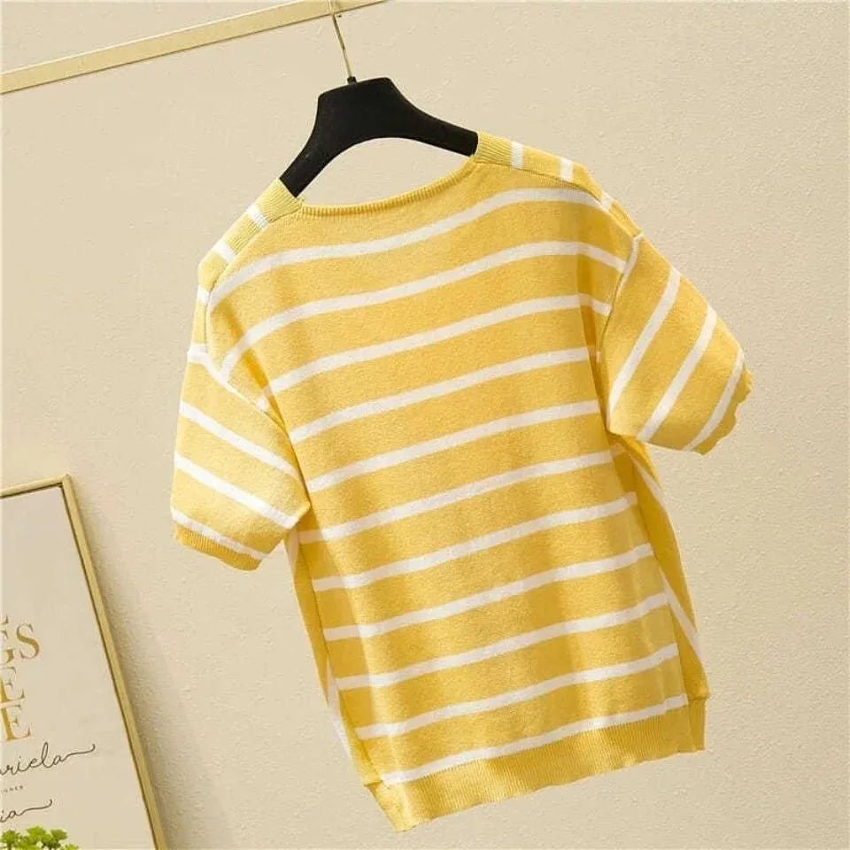 2025 Spring New Women's V - Neck Short - Sleeve Knit T-Shirt Korean - Style Loose Fit with Stripes Thin Trendy Outer Wear Top - Zeprah