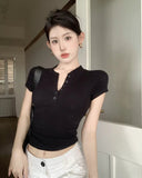 2025 Summer New American Style Short Sleeve T-shirt Women's Top Slim Fit Pleated Short Trendy Top - Zeprah