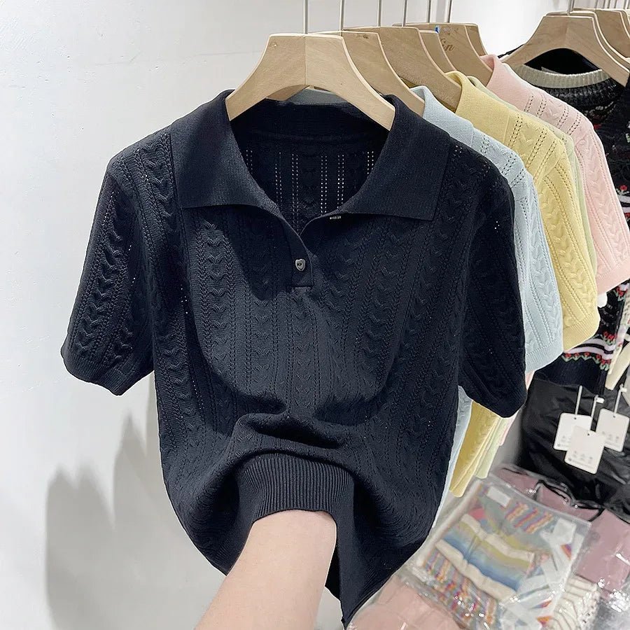 2025 Summer New Design POLO Collar Ice Silk Knitted Sweater Women's Short Sleeve Design Simple Women's T-shirts - Zeprah