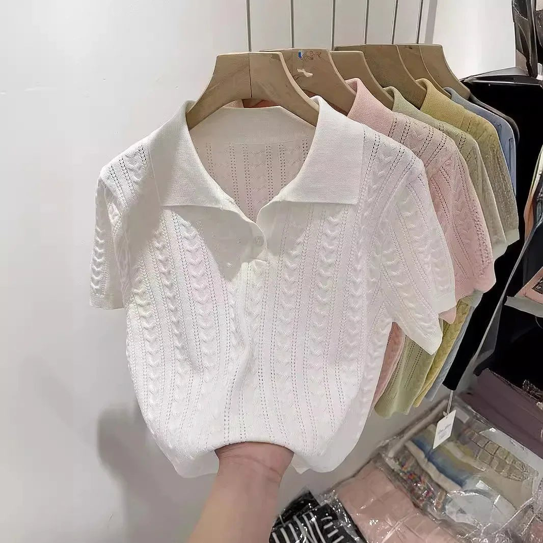2025 Summer New Design POLO Collar Ice Silk Knitted Sweater Women's Short Sleeve Design Simple Women's T-shirts - Zeprah