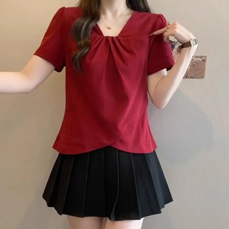 2025 Summer New V - neck Shoulder Short - sleeved T-shirt Women's Slimming T-shirt Plain Slim - fit Short Sleeve Top - Zeprah