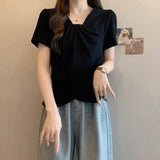 2025 Summer New V - neck Shoulder Short - sleeved T-shirt Women's Slimming T-shirt Plain Slim - fit Short Sleeve Top - Zeprah