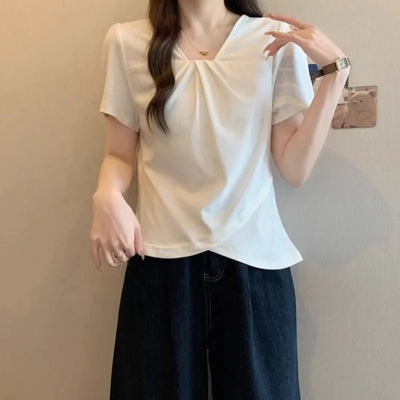 2025 Summer New V - neck Shoulder Short - sleeved T-shirt Women's Slimming T-shirt Plain Slim - fit Short Sleeve Top - Zeprah