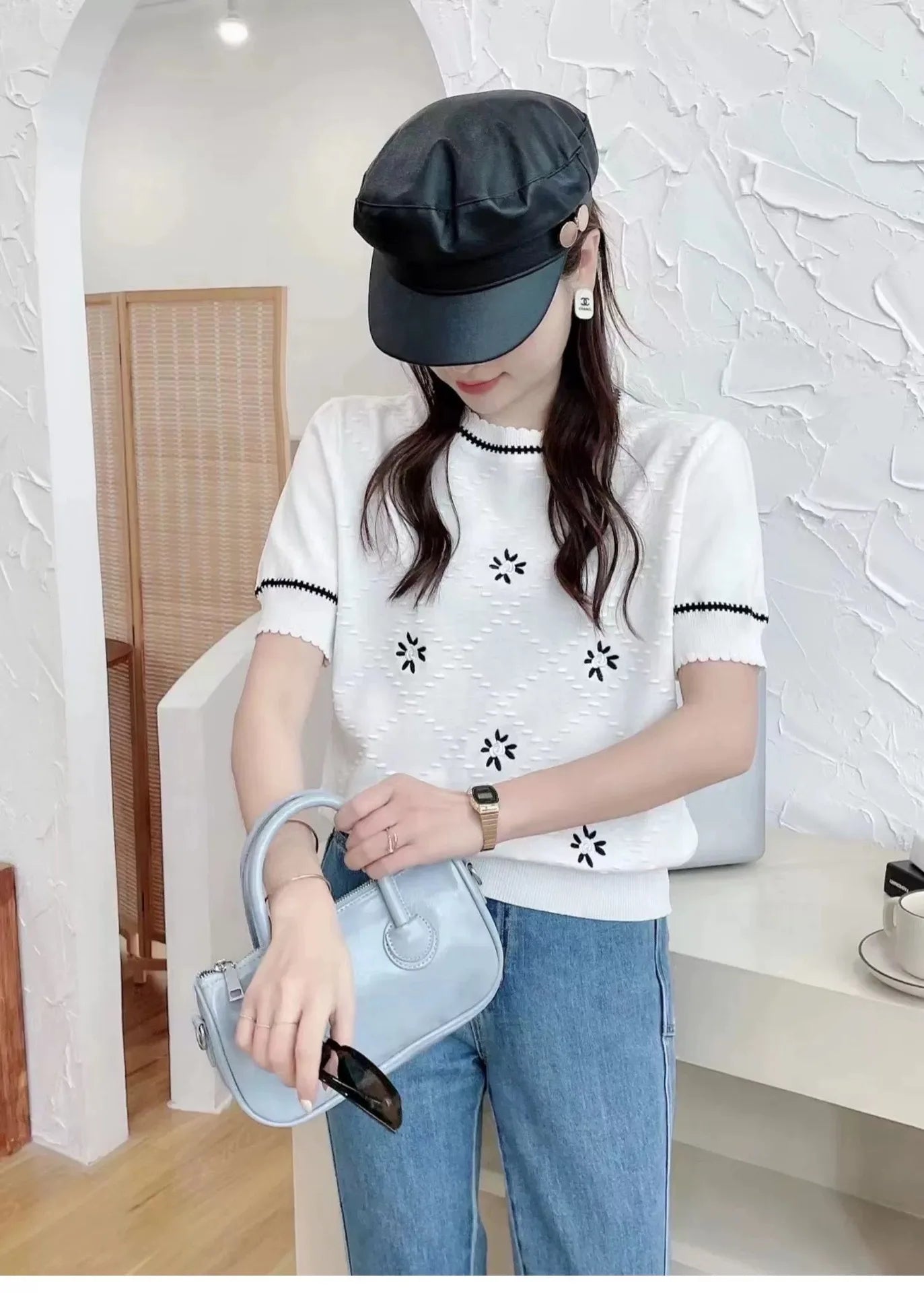 2025 Summer New Women's Knit T Shirt with Pattern Embroidery Unique Design Short Sleeve Short Length Thin Top - Zeprah