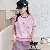 2025 Summer New Women's Knit T Shirt with Pattern Embroidery Unique Design Short Sleeve Short Length Thin Top - Zeprah