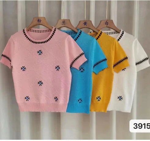 2025 Summer New Women's Knit T Shirt with Pattern Embroidery Unique Design Short Sleeve Short Length Thin Top - Zeprah