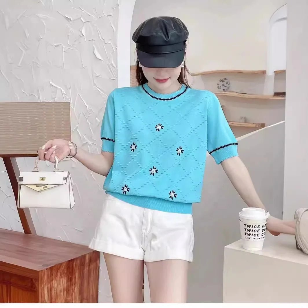 2025 Summer New Women's Knit T Shirt with Pattern Embroidery Unique Design Short Sleeve Short Length Thin Top - Zeprah
