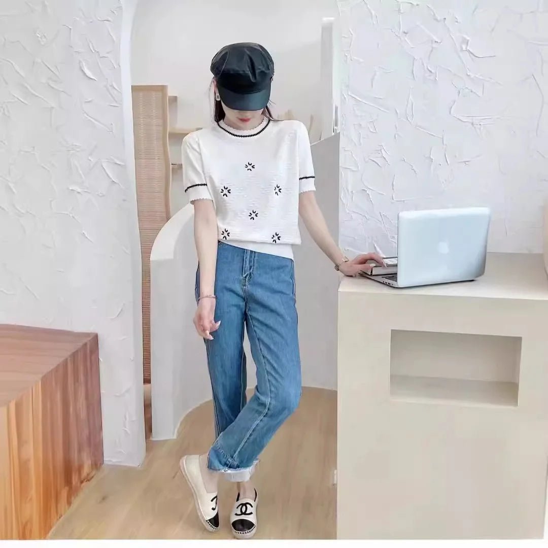 2025 Summer New Women's Knit T Shirt with Pattern Embroidery Unique Design Short Sleeve Short Length Thin Top - Zeprah