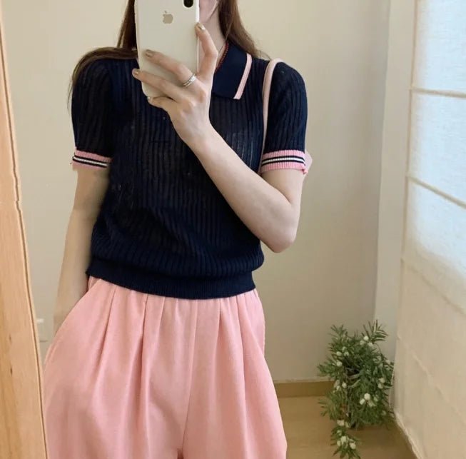 2025 Summer New Women's Polo Collar Color Block Knit Short Sleeve Retro Turn - Down Collar Slim Fit Casual Top - Zeprah