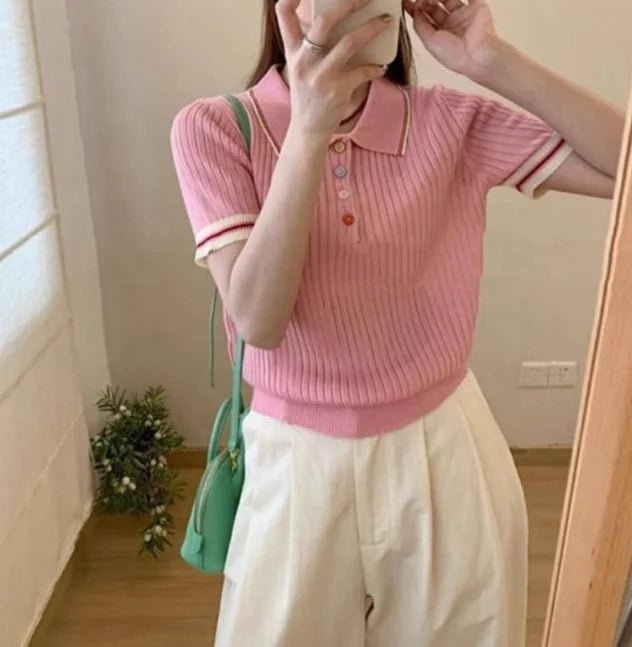 2025 Summer New Women's Polo Collar Color Block Knit Short Sleeve Retro Turn - Down Collar Slim Fit Casual Top - Zeprah