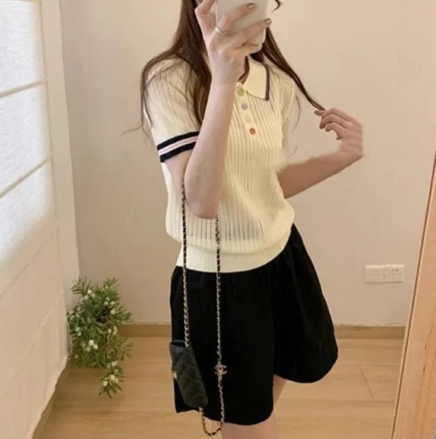 2025 Summer New Women's Polo Collar Color Block Knit Short Sleeve Retro Turn - Down Collar Slim Fit Casual Top - Zeprah