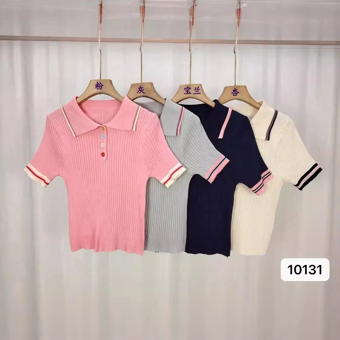 2025 Summer New Women's Polo Collar Color Block Knit Short Sleeve Retro Turn - Down Collar Slim Fit Casual Top - Zeprah