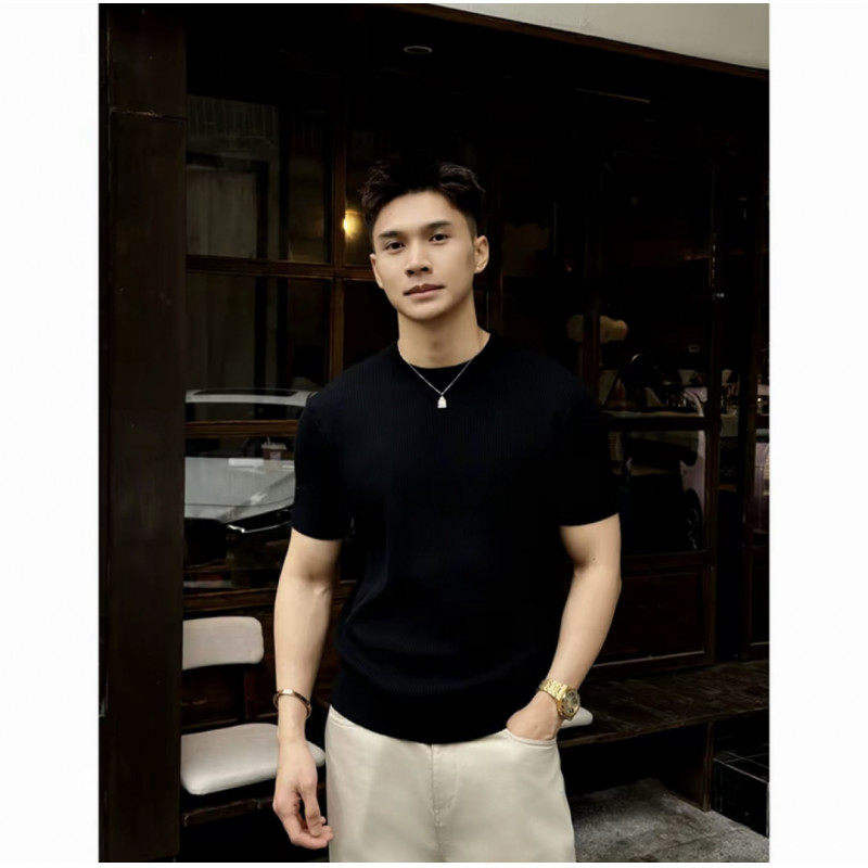 Men Vertical Rib Knit Half Short Sleeve T Shirt Slim Fit Solid Color Soft Knitted Tops for Business Daily Wear
