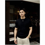 Men Vertical Rib Knit Half Short Sleeve T Shirt Slim Fit Solid Color Soft Knitted Tops for Business Daily Wear