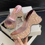 Women's Transparent Wedge Platform Sandals with Glass Clear Thick Sole