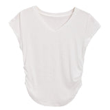 V Neck Side Drawstring Ruched Short Sleeve T Shirt Women Solid Slim Fit Basic Blouse