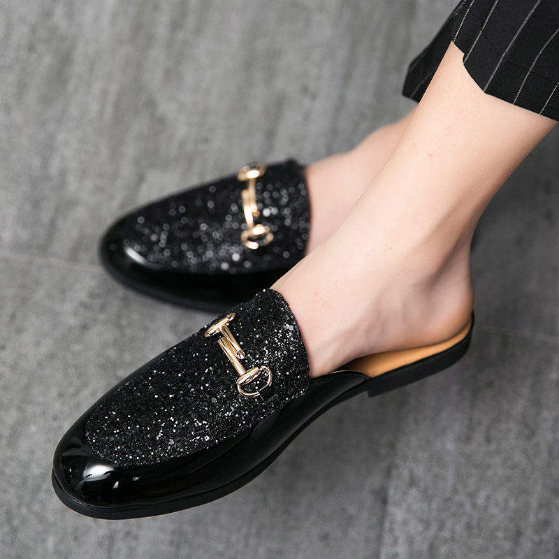Men's Fashion Glitter Patent Pu Mules Backless Slip on Style With Decorative Metal Buckle for Night Out Parties