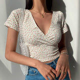 V Neck Wrap Floral Print Short Sleeve Crop Top Women Ruched Slim Fit Summer T-shirt