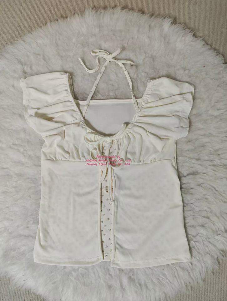 Women's Light Yellow Square Neck Tie Front Puff Sleeve Slim Fit Blouse Summer Casual Tops