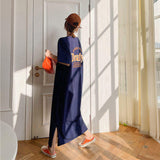 Women Back Letter Print Side Slit T Shirt Dress Oversized Crew Neck Casual Long Tee Dress Streetwear Maxi Dress