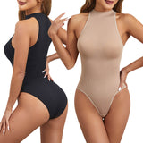 Women Ribbed Halter High Neck Sleeveless Bodysuit Slim Fit Bodycon Tank Bodysuit Ladies Fashion Basic Shapewear Jumpsuit