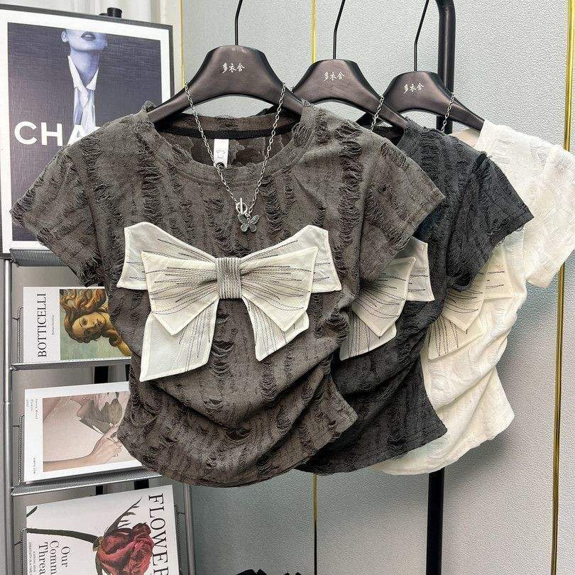 Women Textured Distressed Fabric T Shirt Big Rhinestone Bow Decor Side Ruched Short Sleeve Slim Fit Crop Top