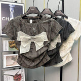 Women Textured Distressed Fabric T Shirt Big Rhinestone Bow Decor Side Ruched Short Sleeve Slim Fit Crop Top