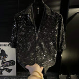 Men Glitter Star Print Short Sleeve Shirt Shiny Silver Sequin Button Down Shirt Night Club Party Casual Shirts for Men