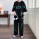 Men's Casual Streetwear Two Piece Set - Black Green Patchwork Short Sleeve T-Shirt & Wide Leg Pants Tracksuit
