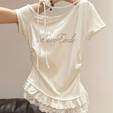 Women's Gray Rhinestone Print T-Shirt, Lace Trim Layered Short Sleeve Tee with Drawstring