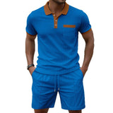 Men's Waffle Knit Two Piece Set Contrast Collar Polo Shirt & Drawstring Shorts Casual Summer Tracksuit