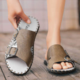 Fashion Design Hard Wearing Full Grain Genuine Leather Upper Handmade Men Slide Slippers Home Sandals