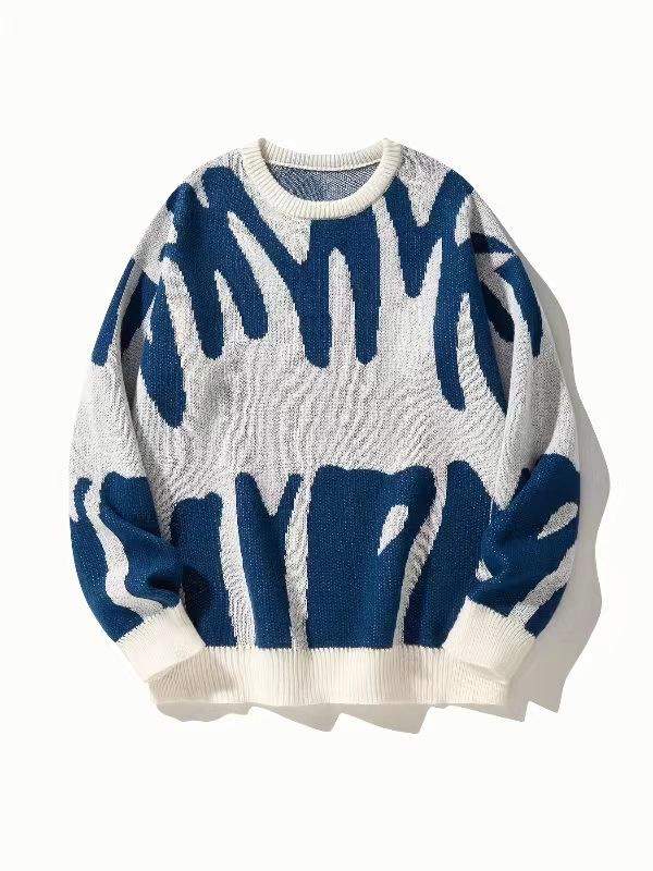 Men Abstract Print Color Block Knit Sweater Crew Neck Oversized Long Sleeve Streetwear Contrast Pullover Jumper