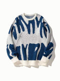 Men Abstract Print Color Block Knit Sweater Crew Neck Oversized Long Sleeve Streetwear Contrast Pullover Jumper