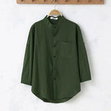 Men's Linen Three-Quarter Sleeve Shirts Solid Color Crew Neck Korean Style Trendy Casual Blouses