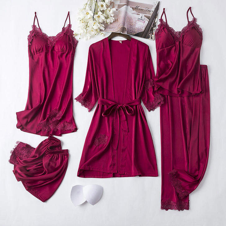 Women's Summer Satin Silk-Like 5-Piece Loungewear Set - Sexy Camisole Nightgown with Built-in Bra Pads & Robe