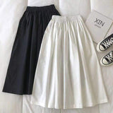 Women Elastic High Waist Gathered Midi Skirt Solid Loose A-Line Flowy Long Skirt Minimalist Casual Daily Ladies Swing Skirt