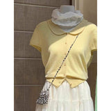 Summer Women's Cute Collar Sweet Short Sleeve Knit T-Shirt Slim Fit Casual Short Tee Daily Wear Tops