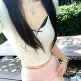 Women's Summer Knit Crop Top, Y2K Hollow Out Short Sleeve T-Shirt, Slim Fit U-Neck Cropped Blouse with Lace Trim