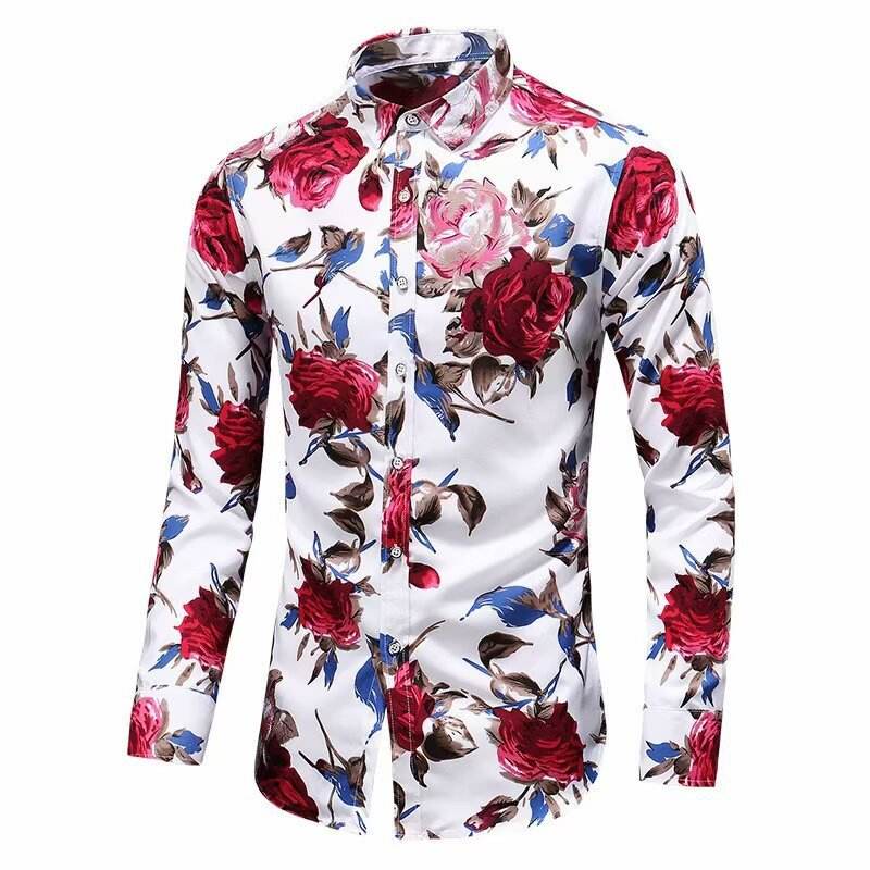 Men Paisley Print Long Sleeve Shirt Slim Fit Vintage Floral Pattern Button Shirt