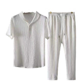 Summer Men 2 Piece Suits Short Sleeve Tops + Long Pants Solid Color Elastic Waist Trousers Tracksuit