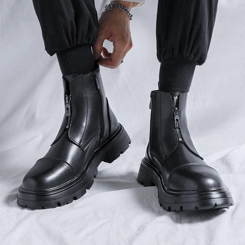 Urban Style Chunky Sole Heavy-Duty Men's Black Zip-Up Ankle Boots with Rugged Outsole