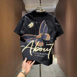 2026 Summer Men's White 230g Cotton T-shirt Butterfly Print with Colorful Beads Oversized Streetwear Tee